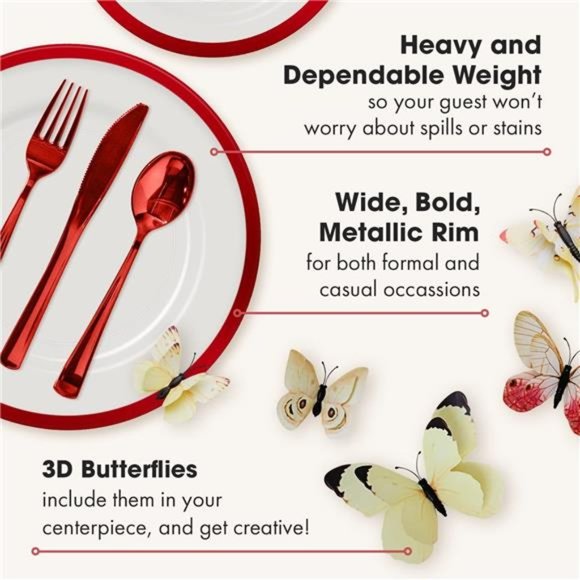 Heavyweight Red Plastic Plate Set|150PCS for 25Guests|Clear Plates with Red Trim - Picture 6 of 7